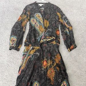 Vintage Monsoon Silk Paisley Dress: Bohemian Long Sleeve Midi UK
